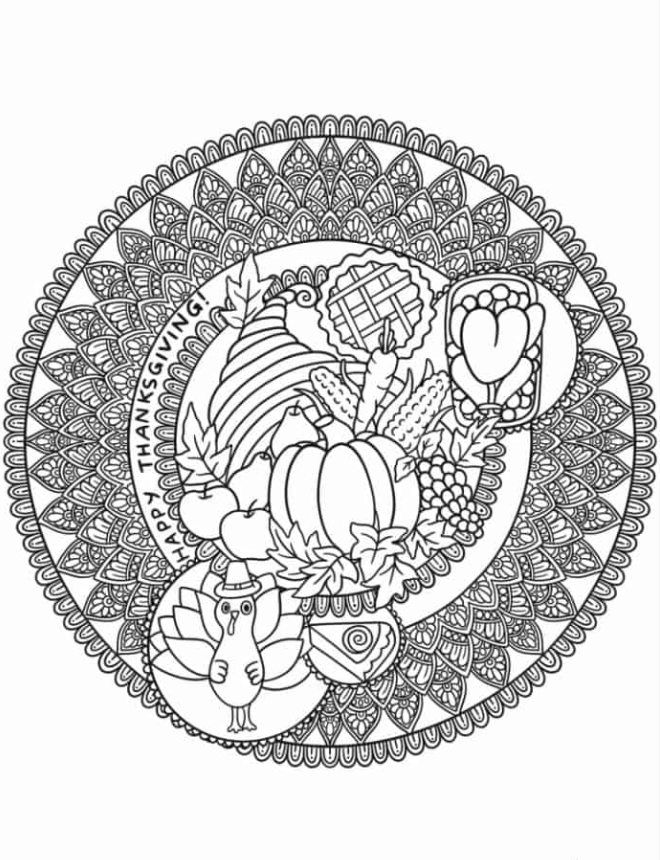 Thanksgiving Mandala With Pumpkins And Turkey Coloring