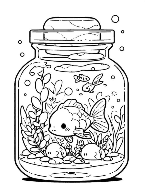 Three Goldfish In A Jar Full Of Plants