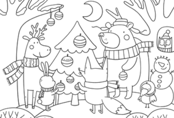 Woodland Christmas Coloring Page