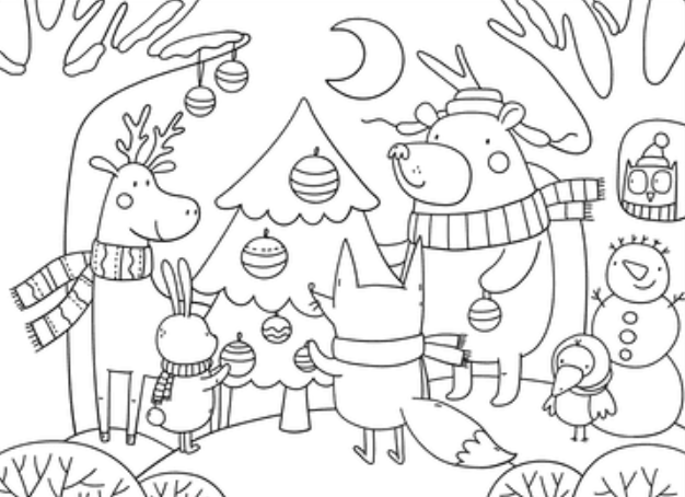 Woodland Christmas Coloring Page