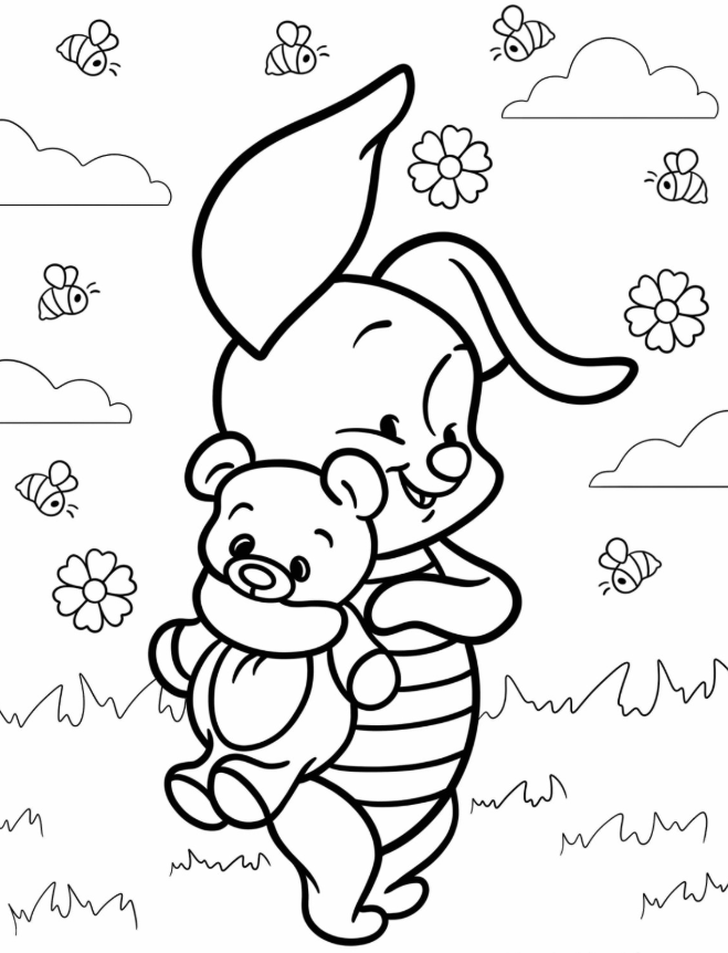 Baby Piglet Holding A Teddy Bear Coloring Page For