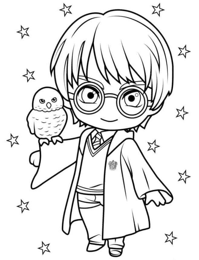 Chibi Harry Potter With Hedwig Coloring In For