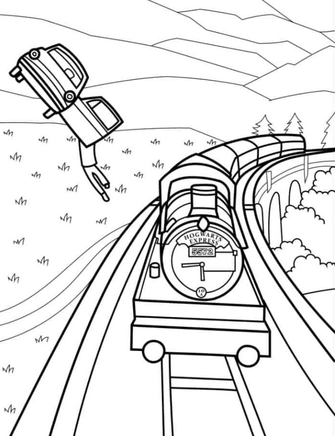 Coloring Page Of Flying Car Beside Hogwarts