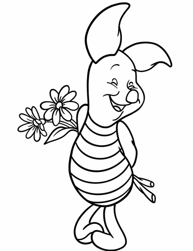 Easy Piglet Holding Flowers Coloring Page For