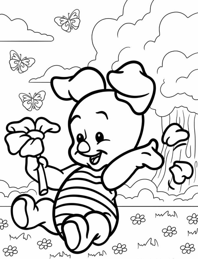 Kawaii Piglet Picking Petals Coloring Page For