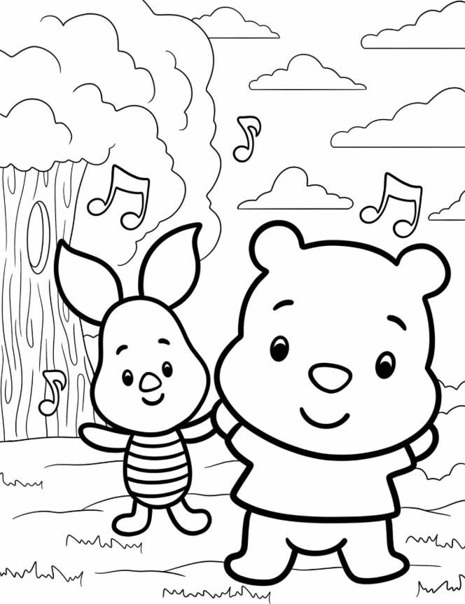 Kawaii Piglet With Winnie The Pooh Coloring Page For