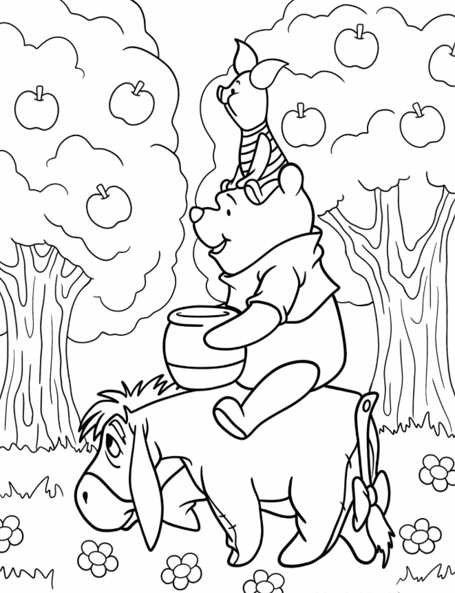 Piglet And Winnie The Pooh Riding On Eeyore Coloring