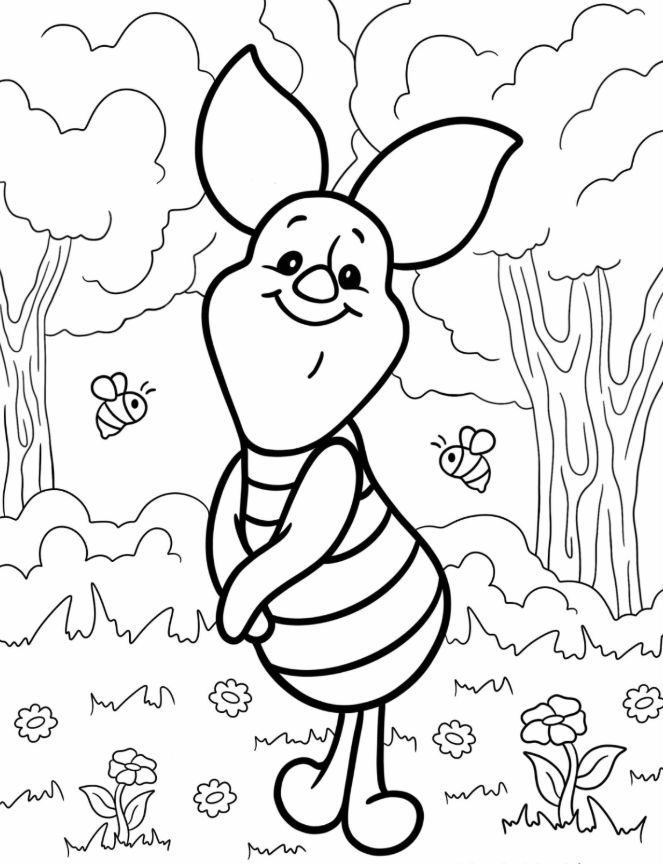 Smiling Piglet In A Forest Coloring Page