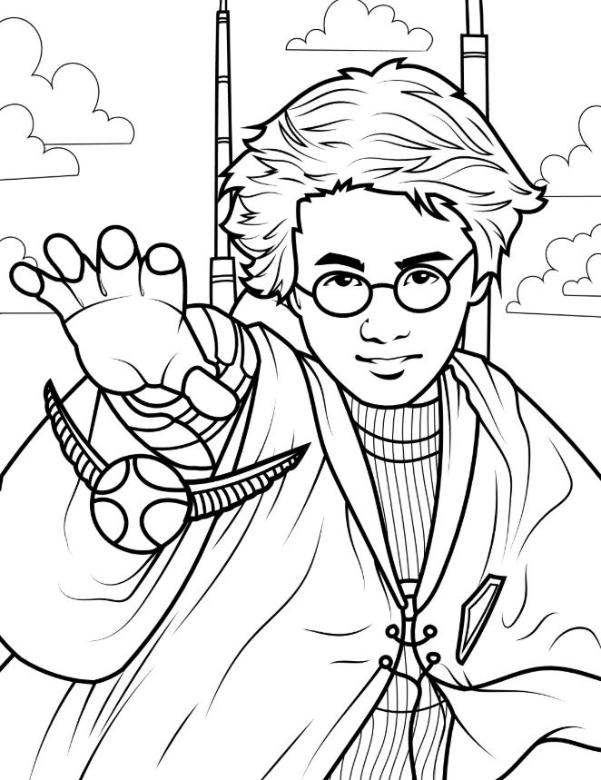 Young Harry Potter Catching The Golden Snitch Coloring Page