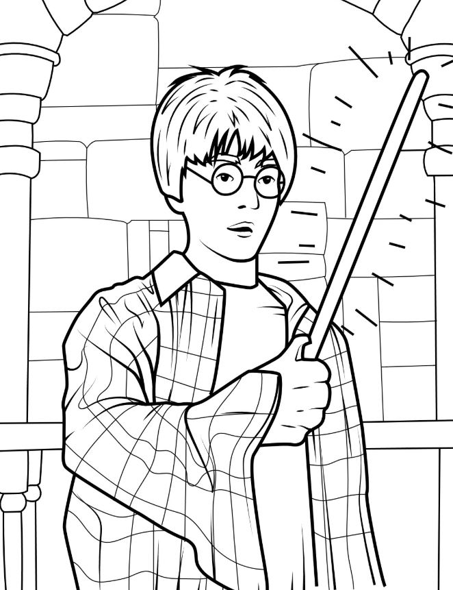 Young Harry Potter Holding Wand Coloring Page For Kids